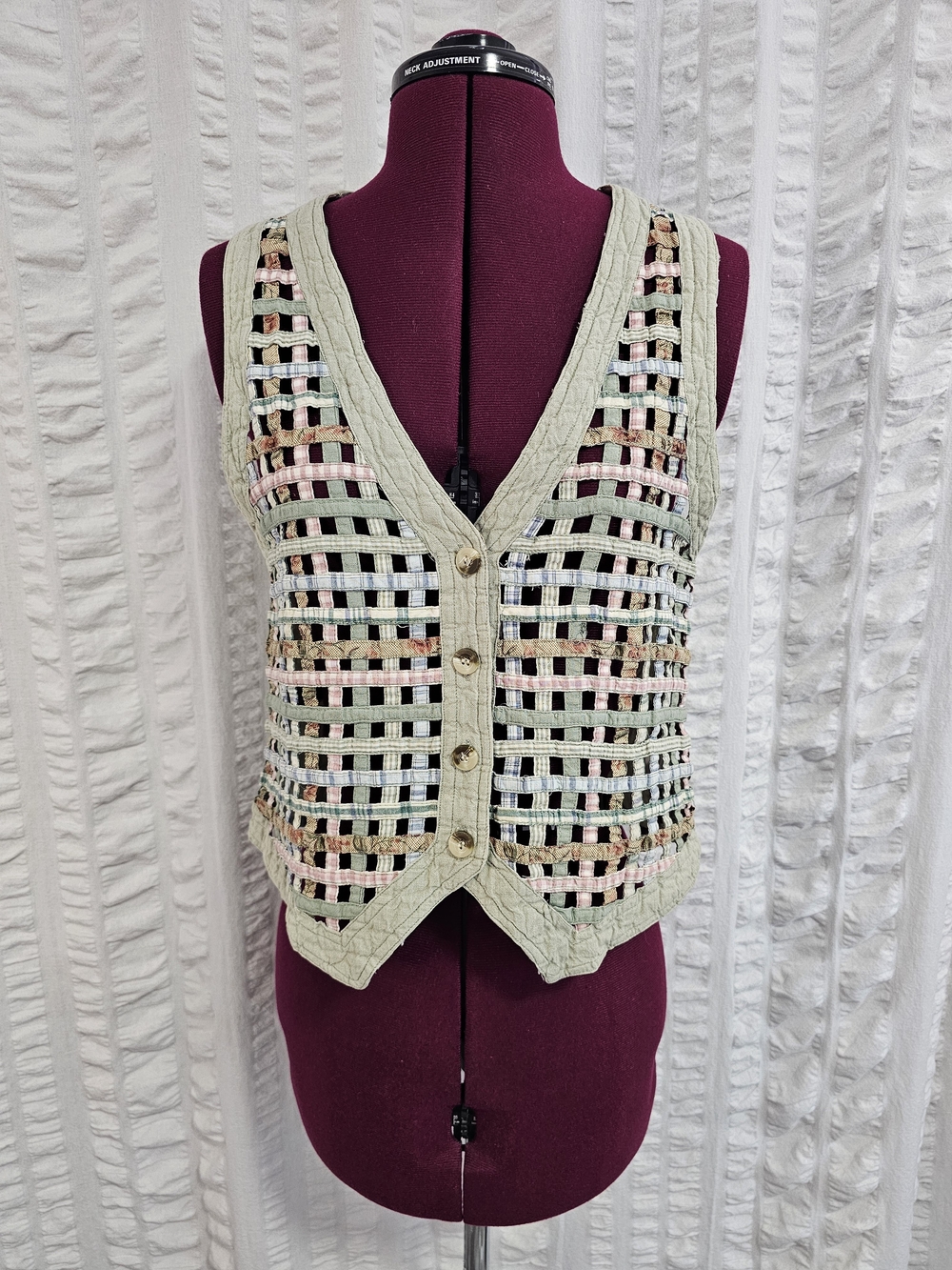 Vintage 1990s Victoria Jones Woven Lattice Ribbon Vest Button-Front Womens